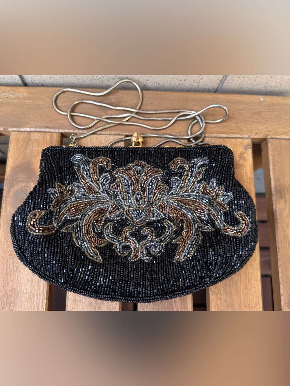 Embellished Black Beaded Evening Clutch with Metallic Accents